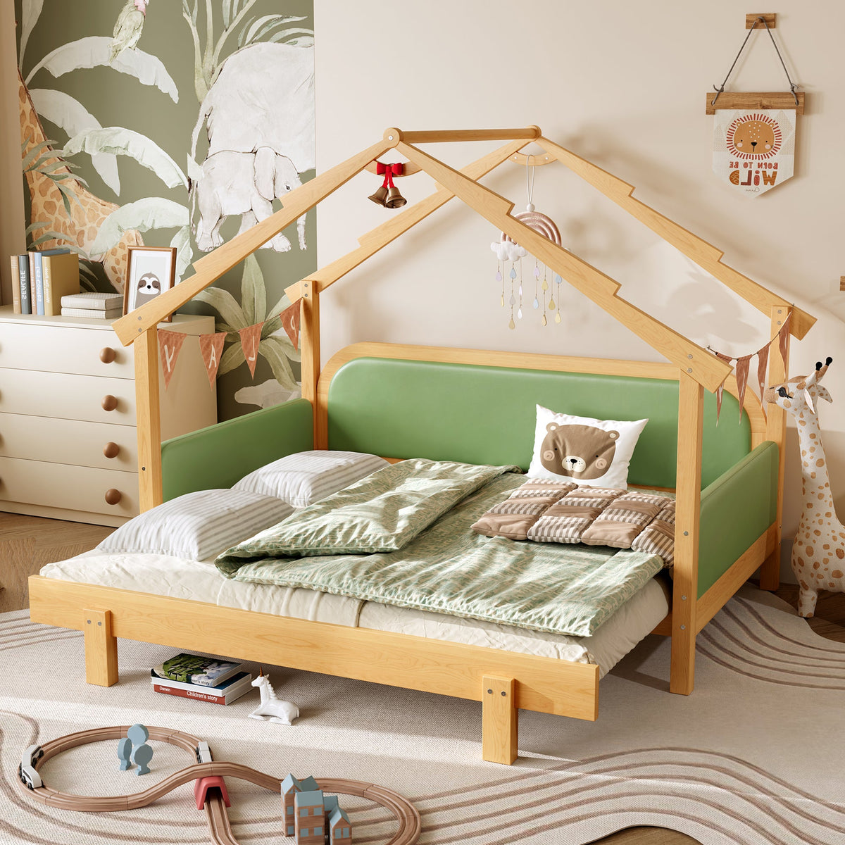 Twin Size Wood Treehouse Bed With Soft Cushion Rails