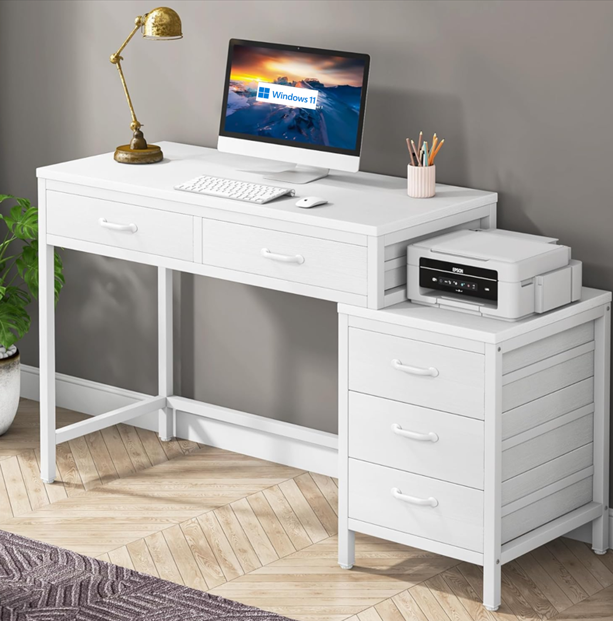 51" Reversible Computer Desk with 5 Drawers and File Cabinet