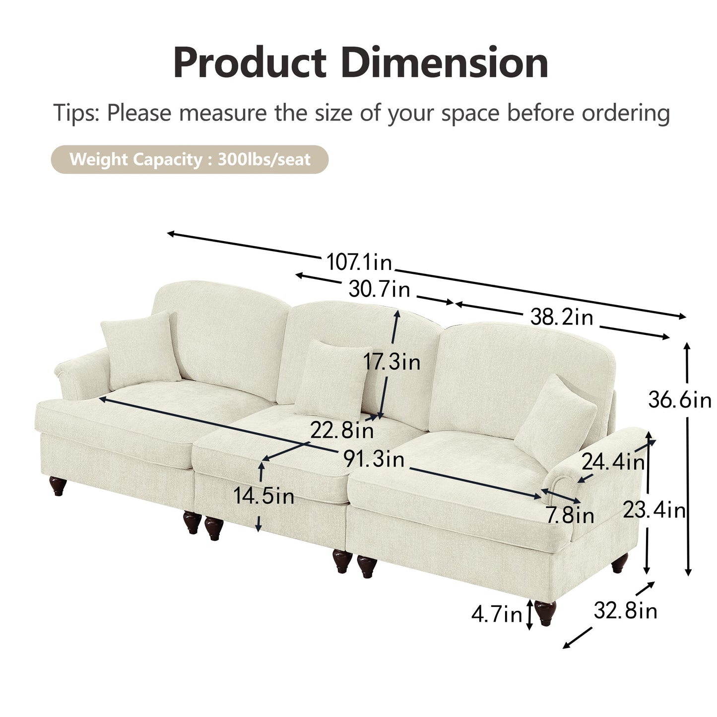 Elegant Mid Century Large 3 Seater Sofa Couch with Flared Arms and Removable Ruffles Pleats Skirts and Spindle Legs, Comfy Chenille Three-Seat Sofa for Living Room, Beige White