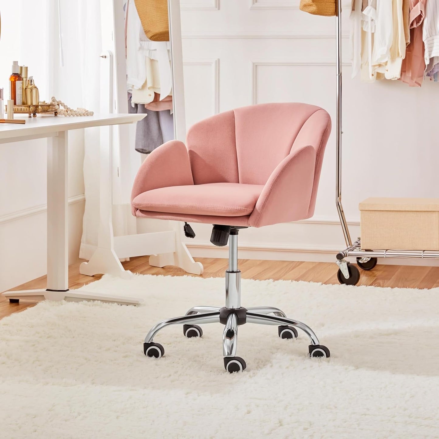 Pink Velvet Desk Chair With Wheels And Armrests Swivel Office Chair
