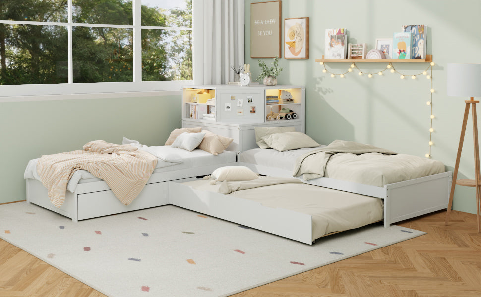 L-Shaped Combination Twin Bed Frame with Trundle and Drawer