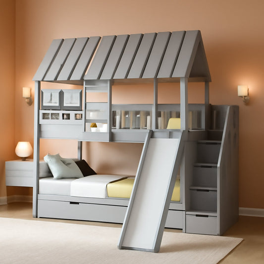 Twin Over Twin Bunk Bed With Slide For Kids Room Decor