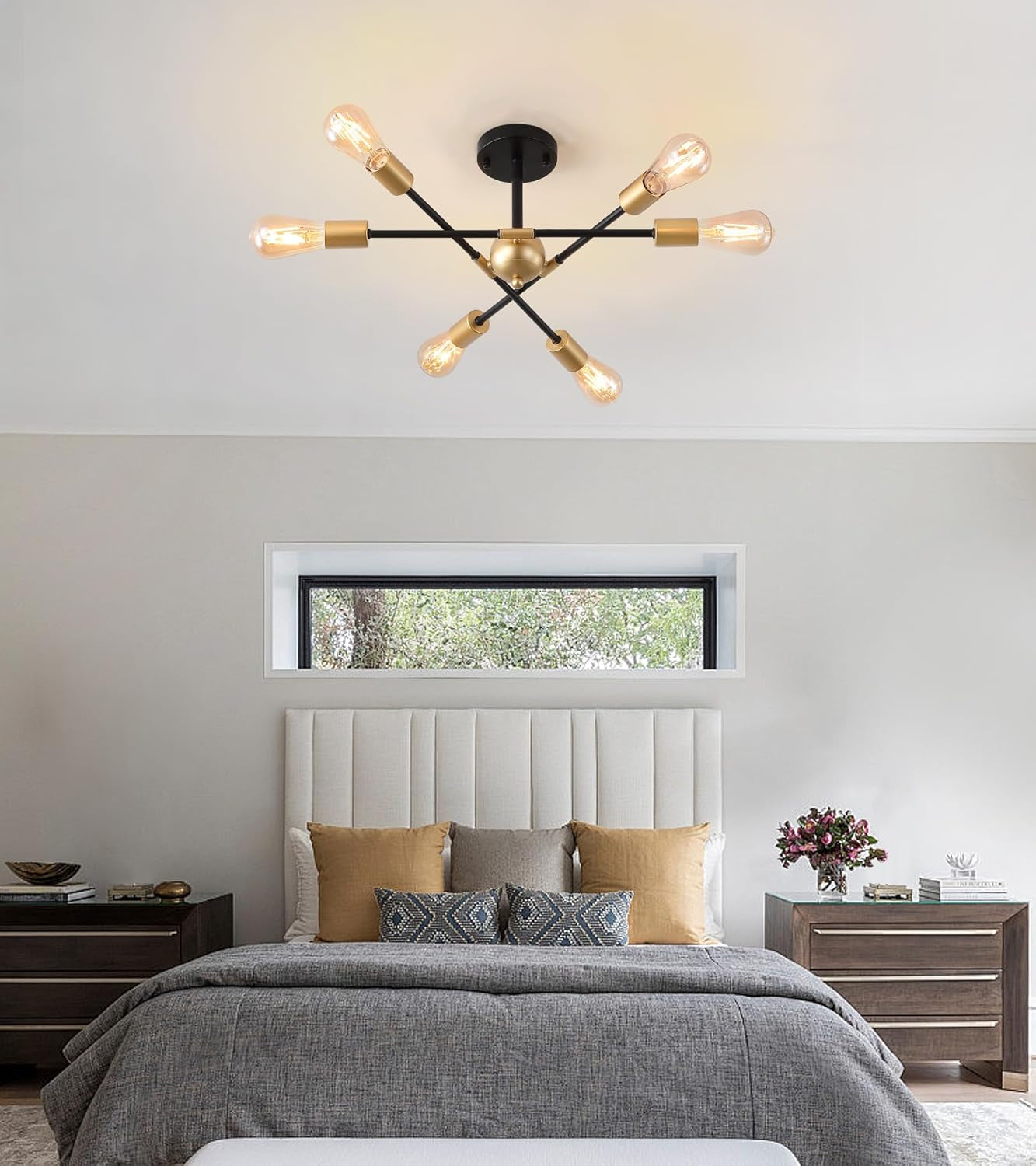 Black And Gold 6 Light Sputnik Ceiling Chandelier Semi Flush Mount UL Listed in modern bedroom setting.