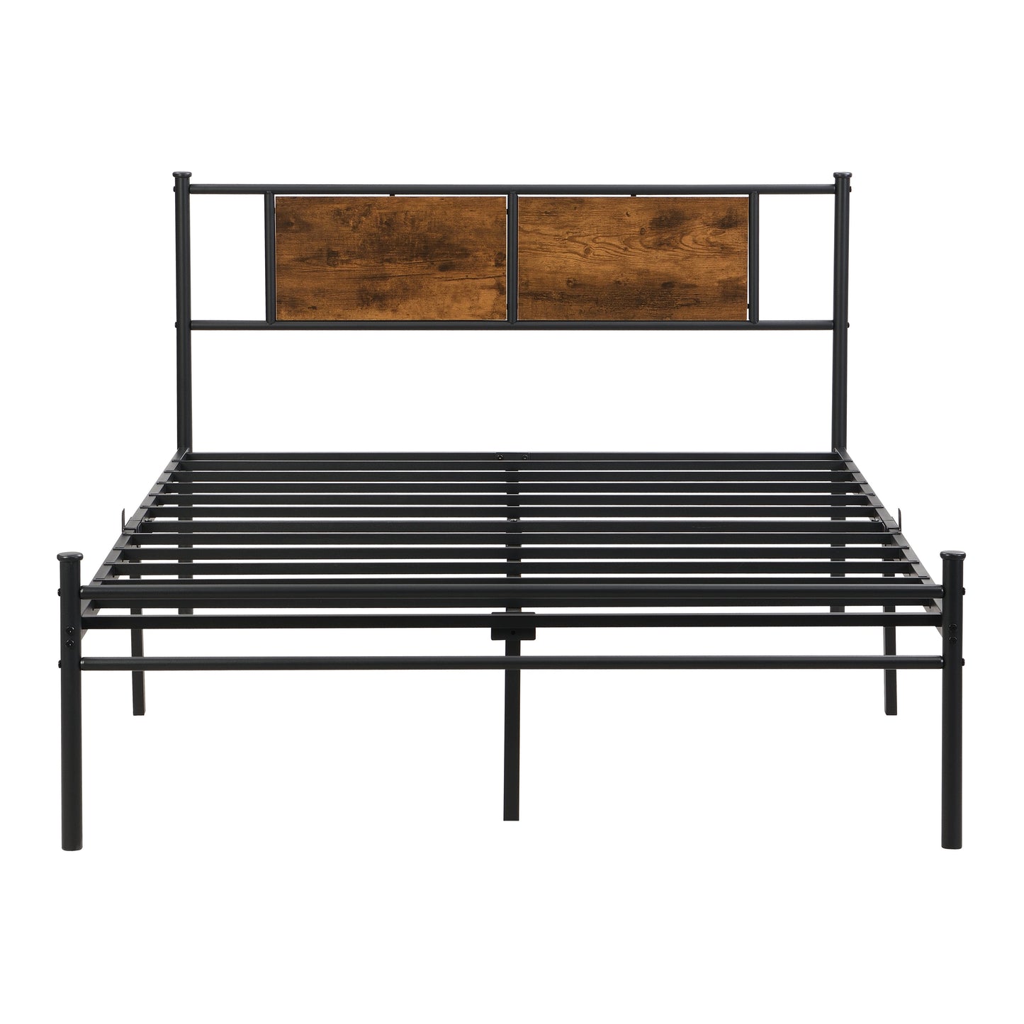 Queen Size Metal Bed Frame with Wood Panel Decoration