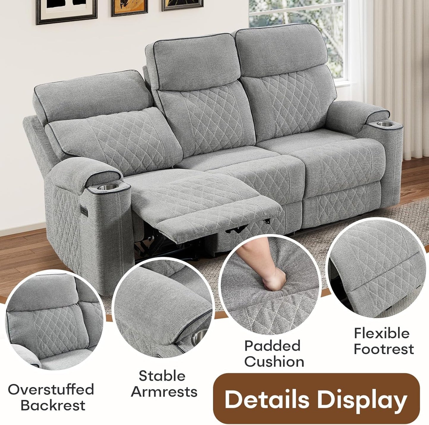 Electric Recliner Sofa USB Type C Ports Light Grey