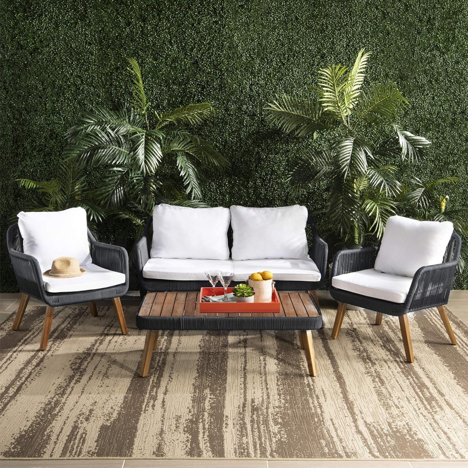 Outdoor Patio 4 Piece Eucalyptus Rope Furniture Set with white cushions and modern design.