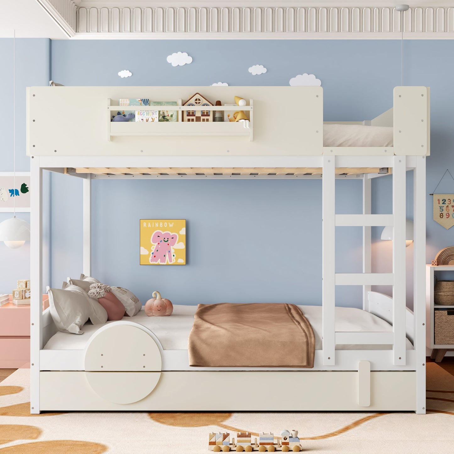 Queen Bunk Bed with Trundle , Wood Bunk Bed Frame with Built-in Bookshelf and High-quality Safety Guardrail,Automobile Form Design for Kids ,White＆ Beige.