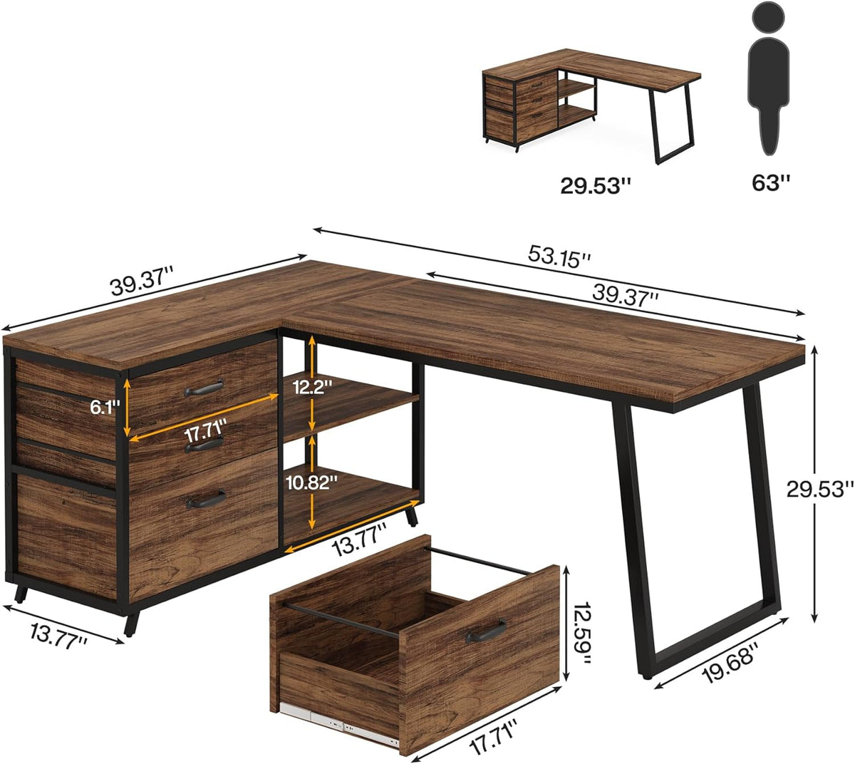 53" Reversible L-Shaped Computer Desk with 3 Drawers