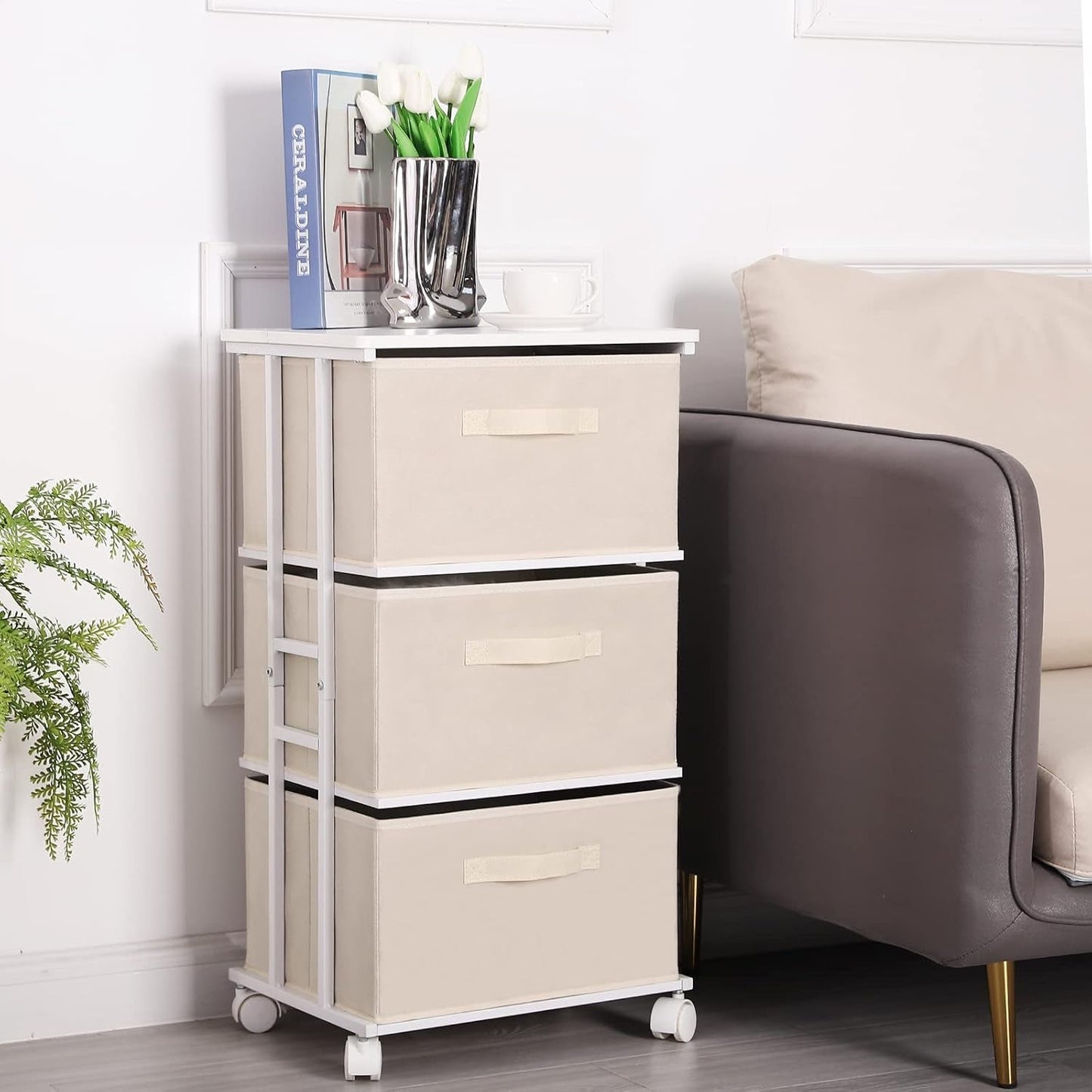 Beige Dresser Tower With 3 Drawers And Wood Top Fabric