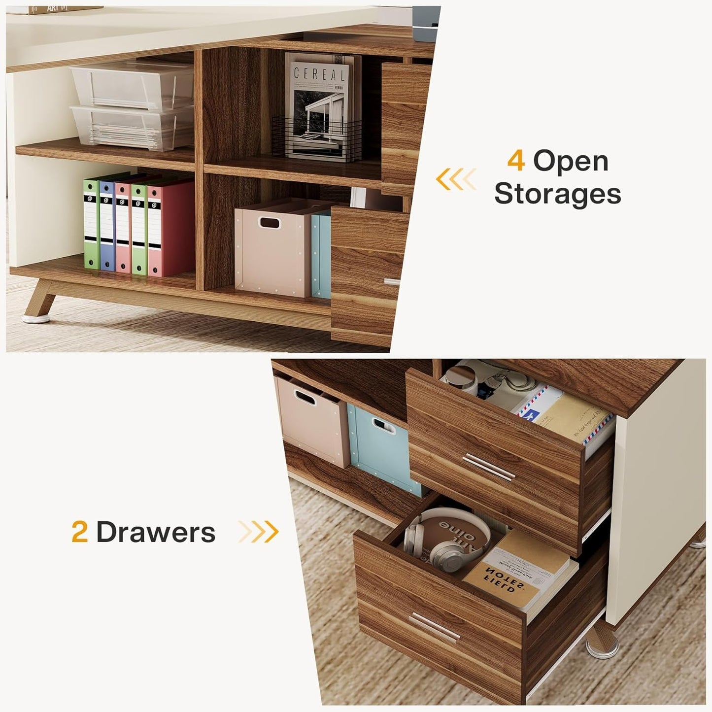 71 Inch Walnut White L Shaped Desk With 55 Inch Cabinet