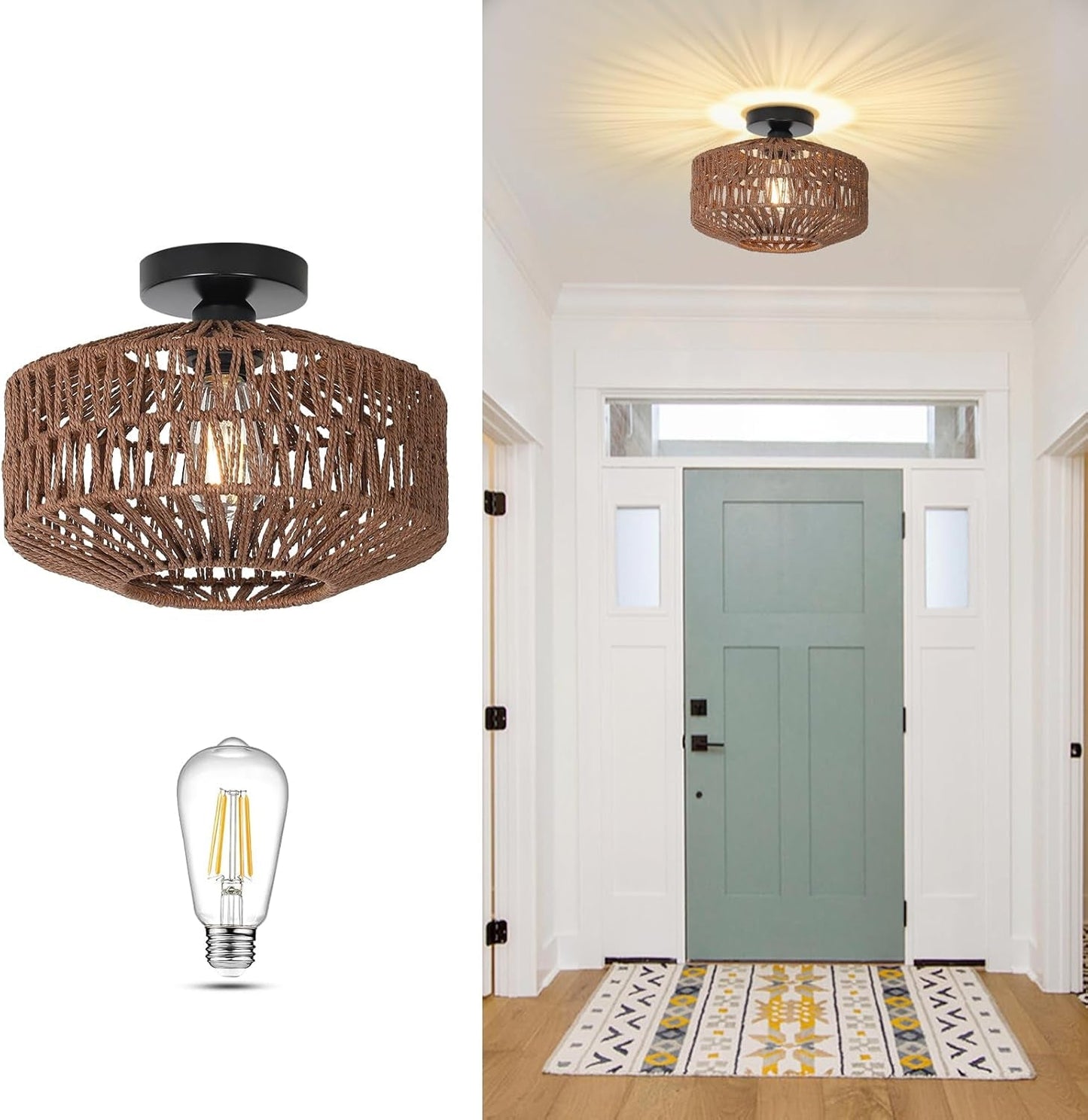 Dark Brown Hand Woven Rattan Ceiling Light With Dimmable LED illuminating an entryway.