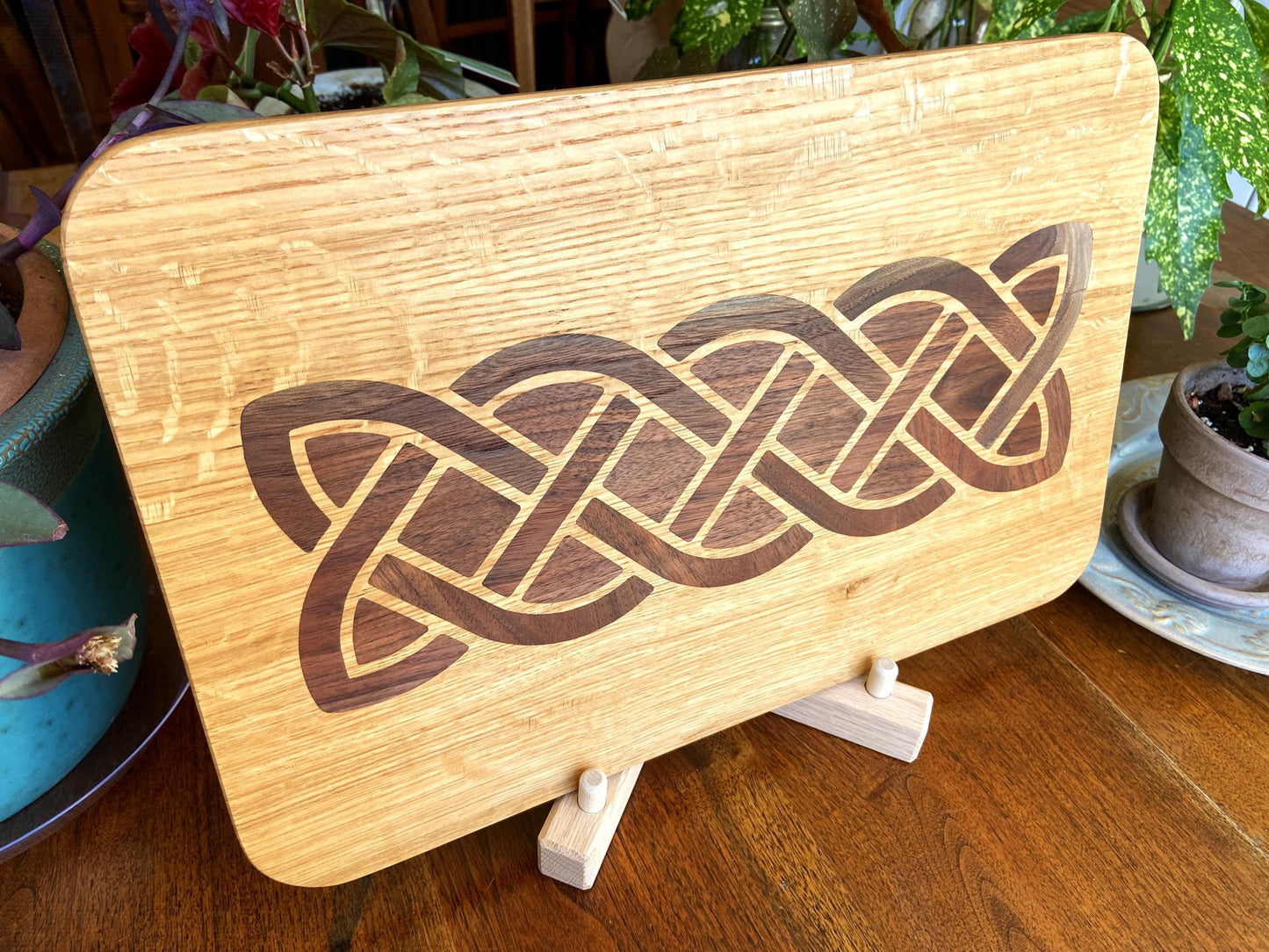 White Oak charcuterie board - complex Celtic knot inlay.