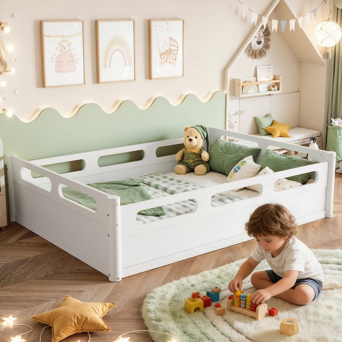 Full Size Platform Bed with Full-length Guardrails