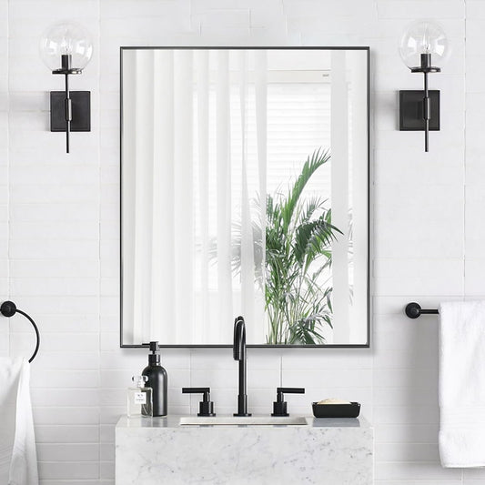 24X32 Inch Black Aluminum Frame Wall Mirror For Bathroom Vanity Horizontal Or Vertical Mount