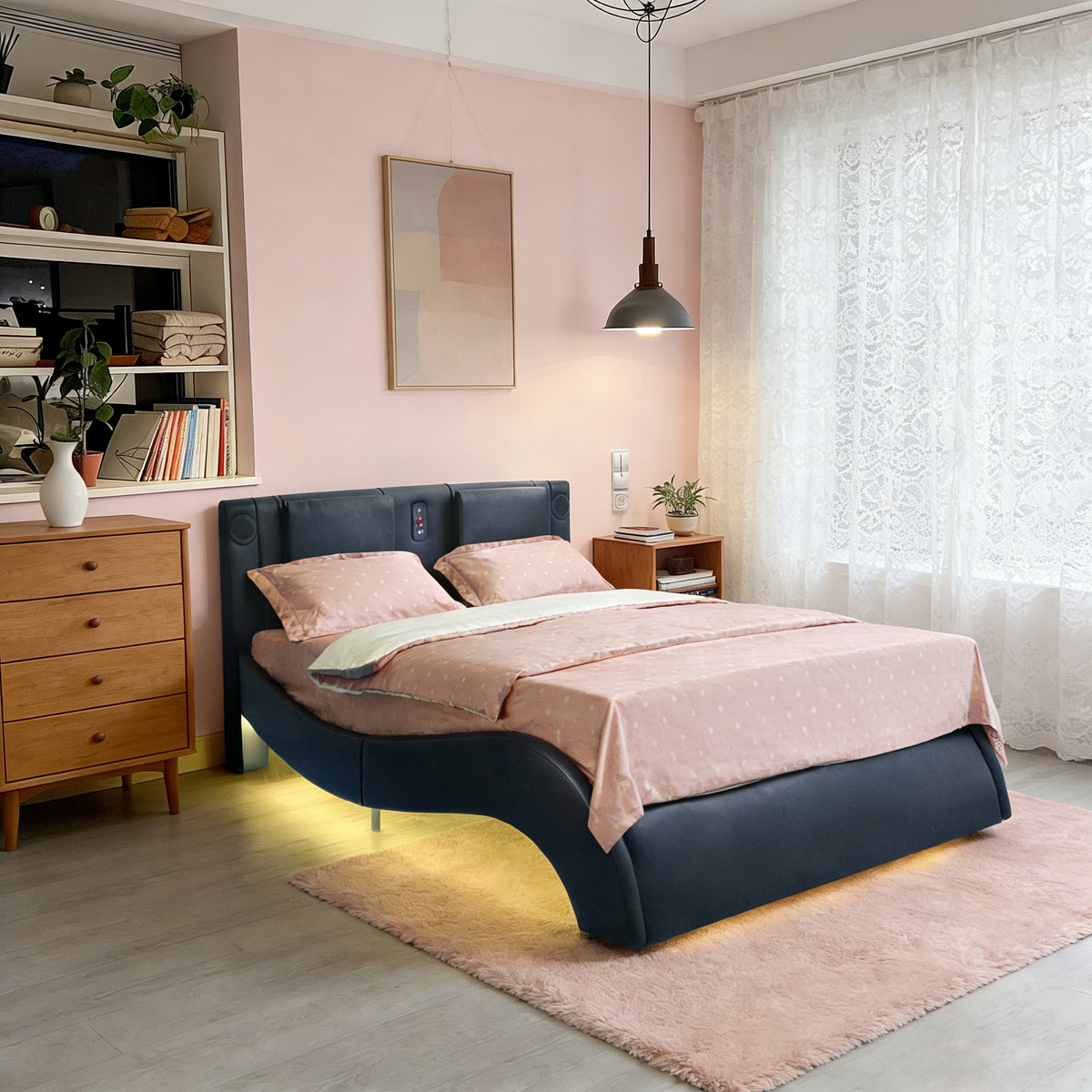 Faux Leather Upholstered Platform Bed Frame with LED Lighting