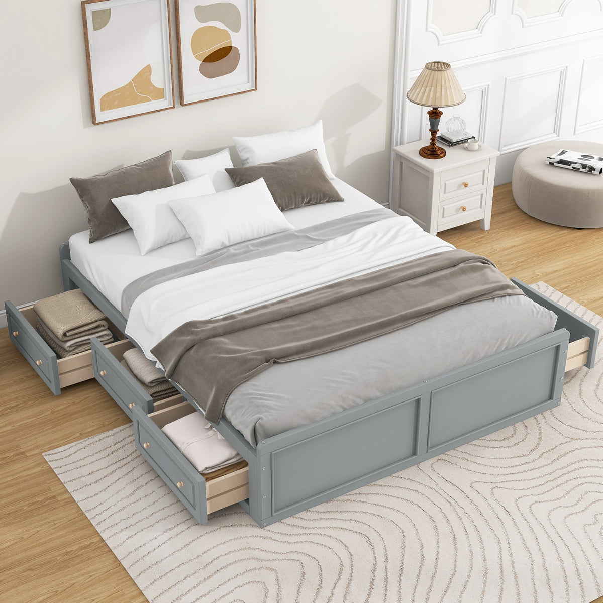 Wood Queen Size Platform Bed Frame with 6 Drawers