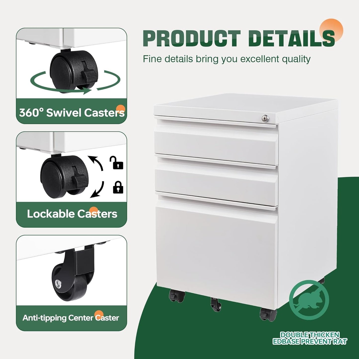 3 Drawer Mobile File Cabinet With Lock Under Desk Filing Cabinet For Home Office