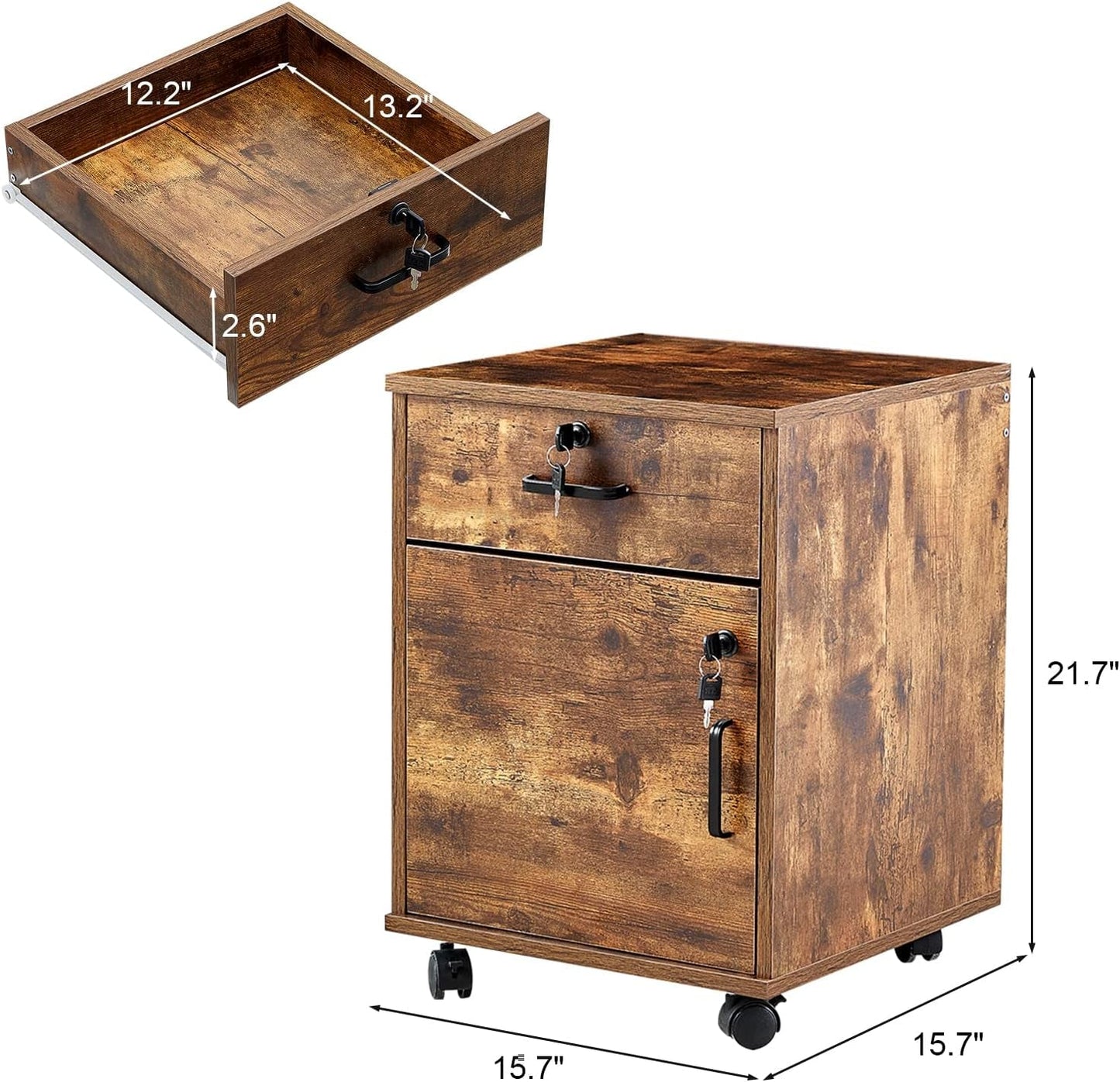 Mobile Lockable File Cabinet With Drawer Door Rustic Brown