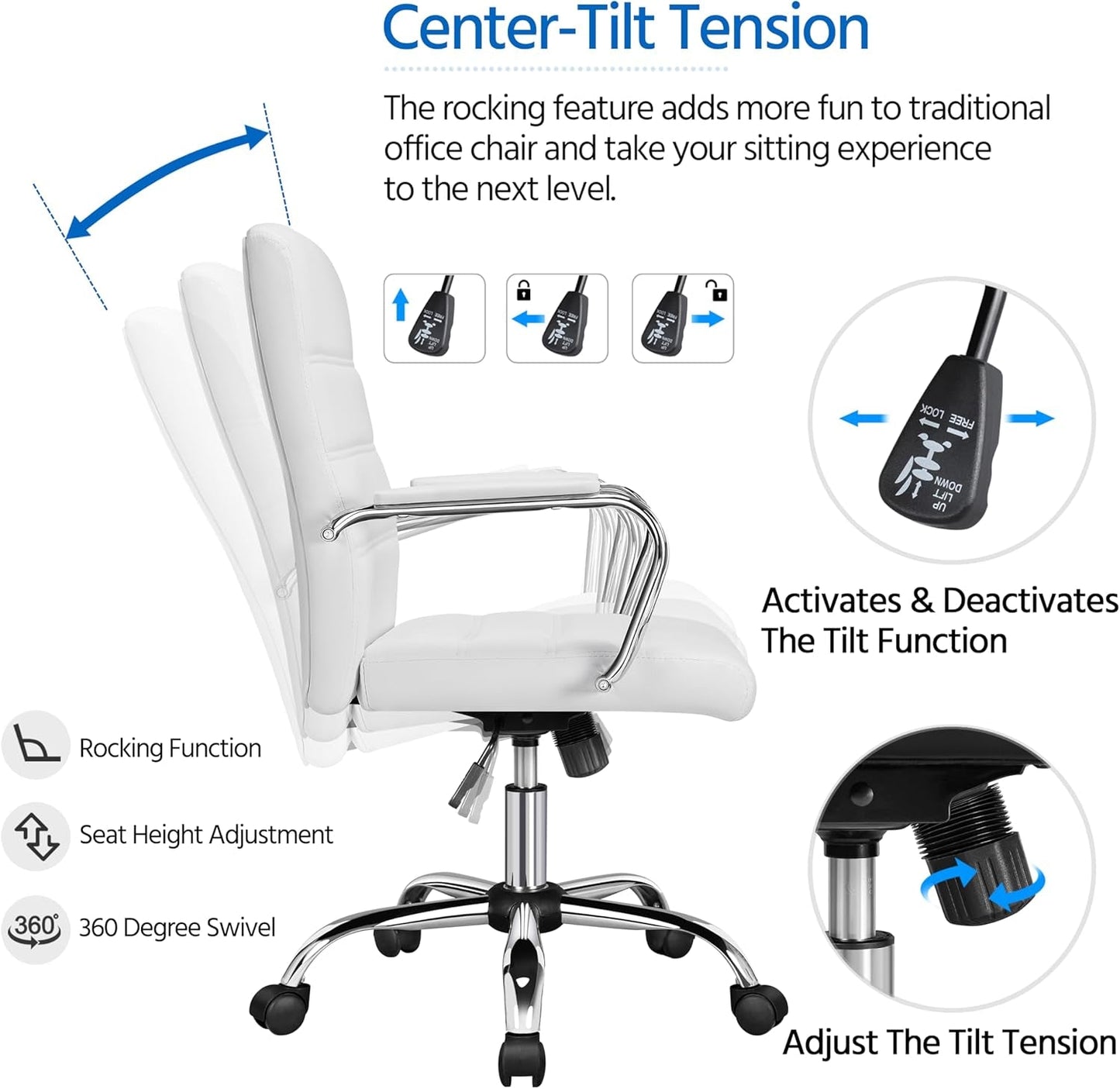 White Leather Ergonomic Office Chair With Height Adjustment