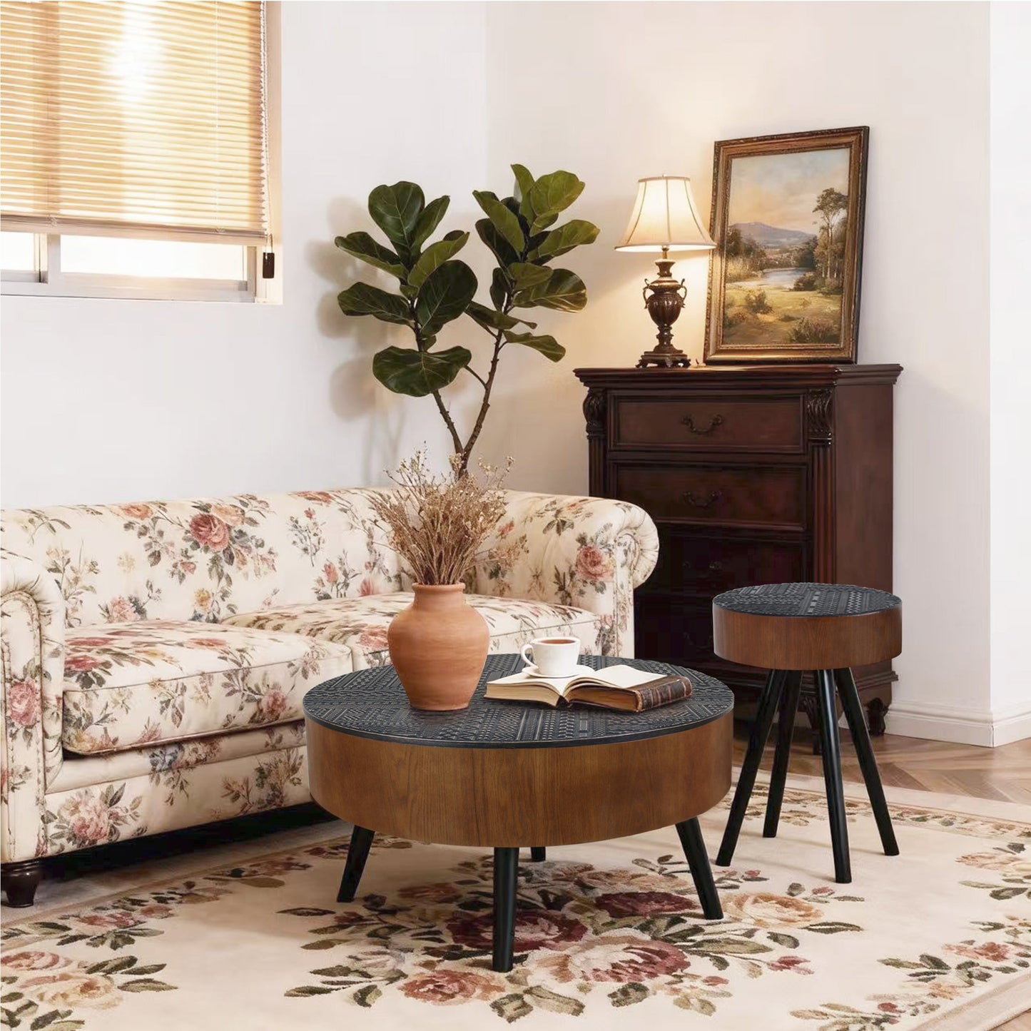 31.5" Round Carved Coffee Table with Storage Space