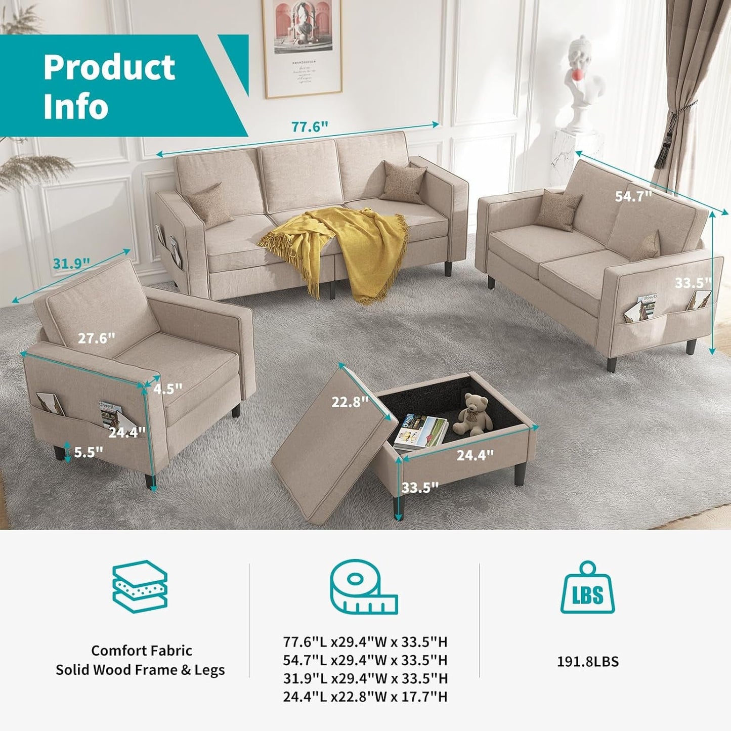 Beige Sectional Sofa Set With Movable Storage Ottoman