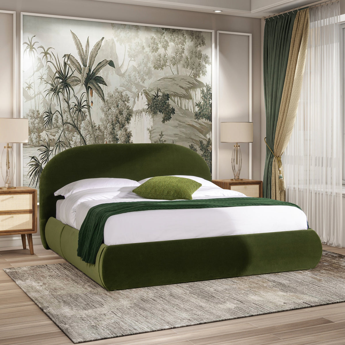 Archie Puffy Grounded Upholstered Platform Bed, Olive