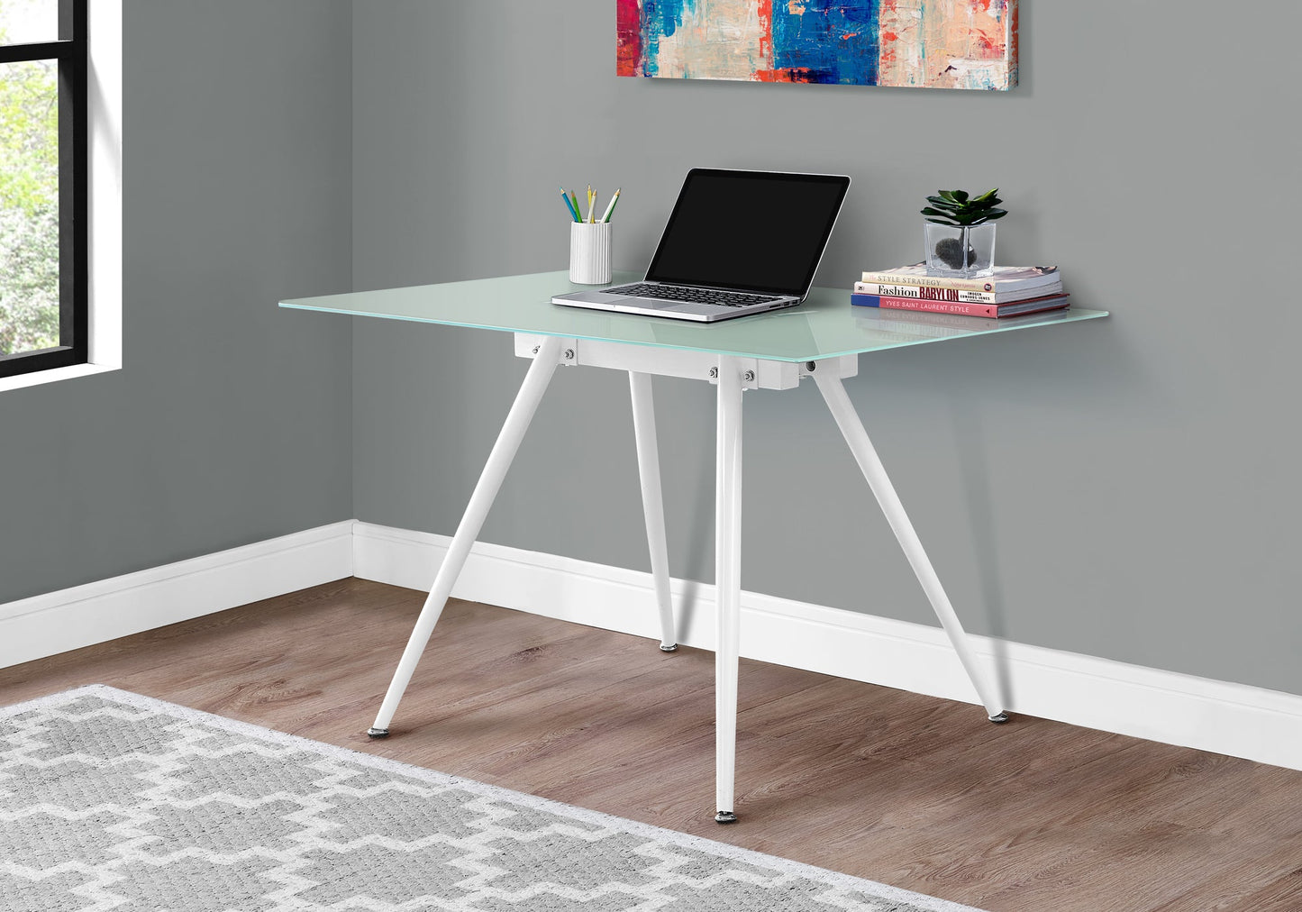 Computer Desk, Home Office, Laptop, 48'l, Work, White Metal, Tempered Glass, Contemporary, Modern