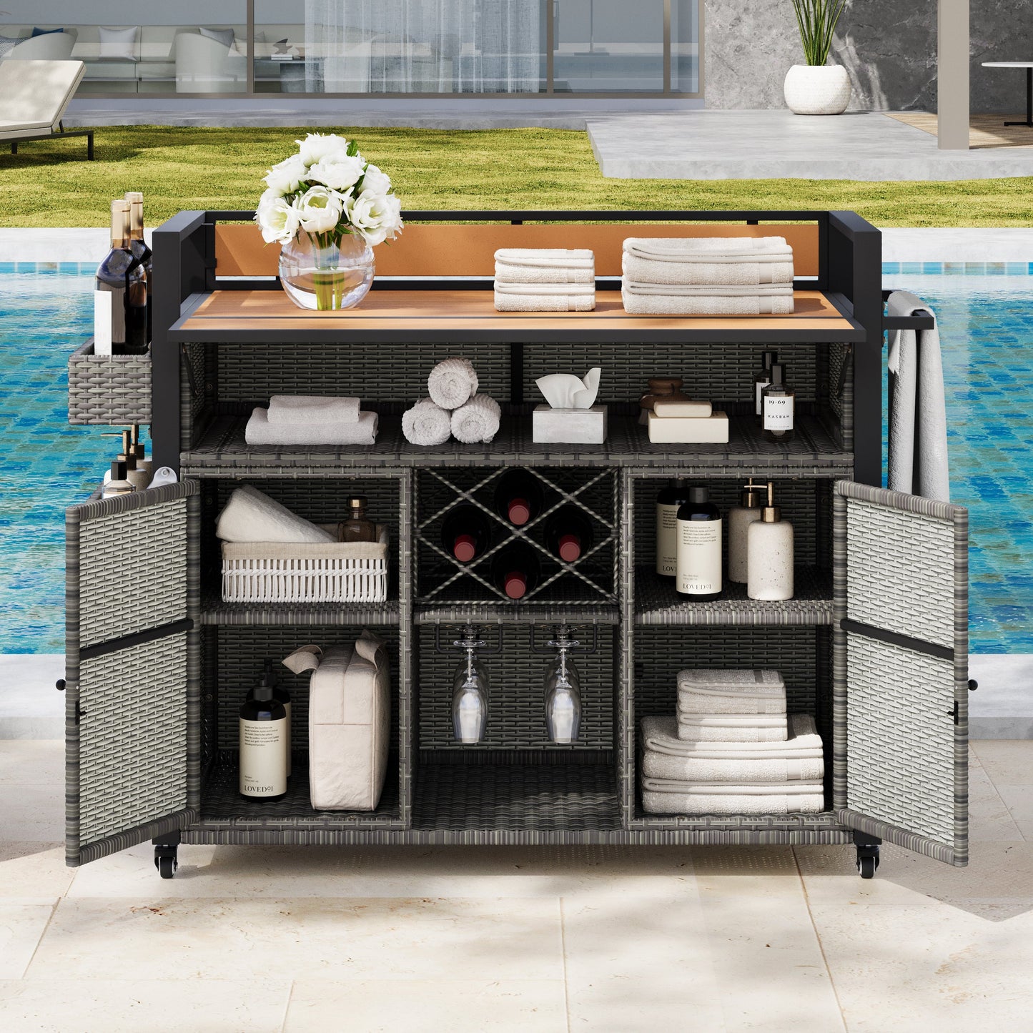 K&K 52.8"W Wicker Outdoor Grill Cart