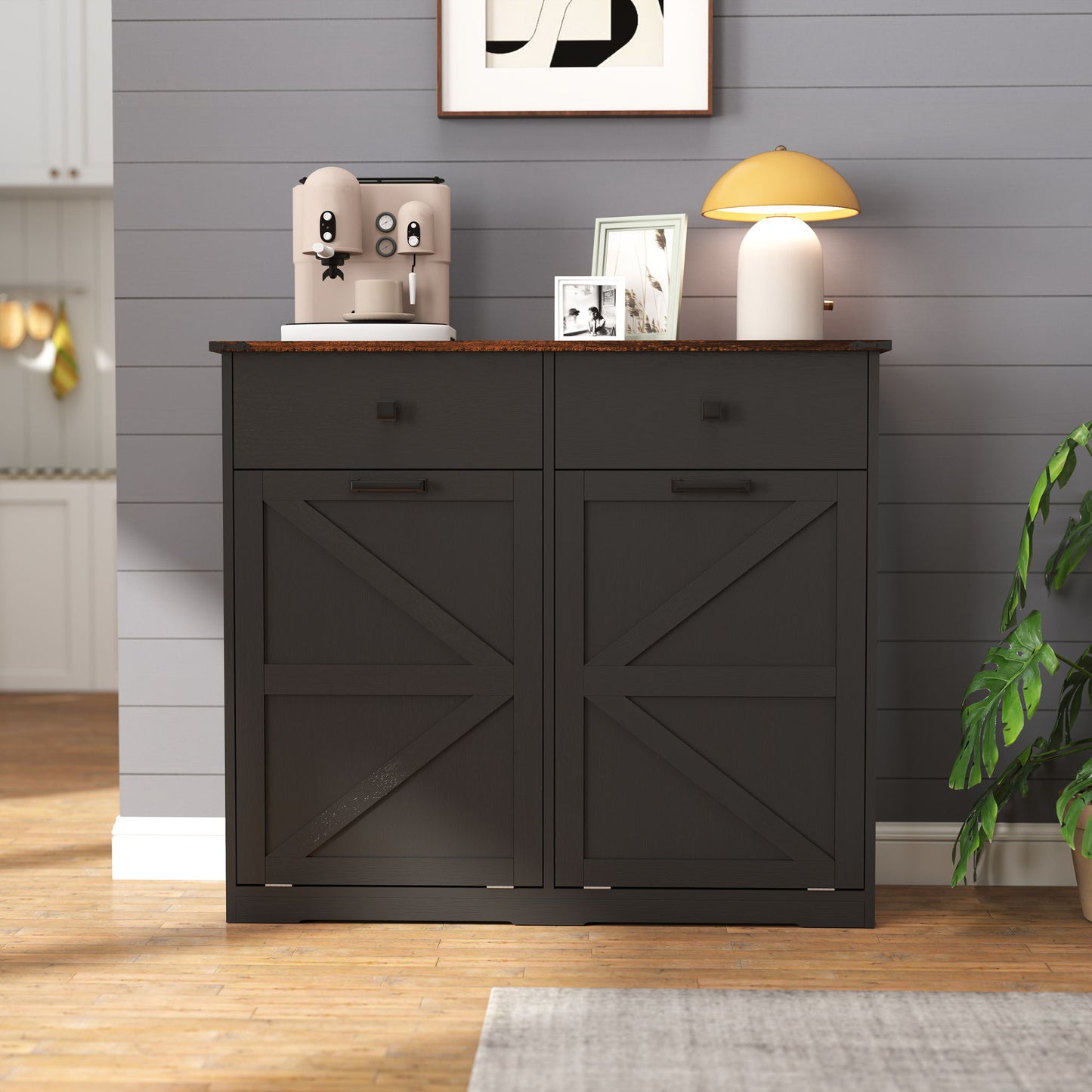 Double Tilt-Out Trash Cabinet With Hideaway Drawer and Barn Door Style