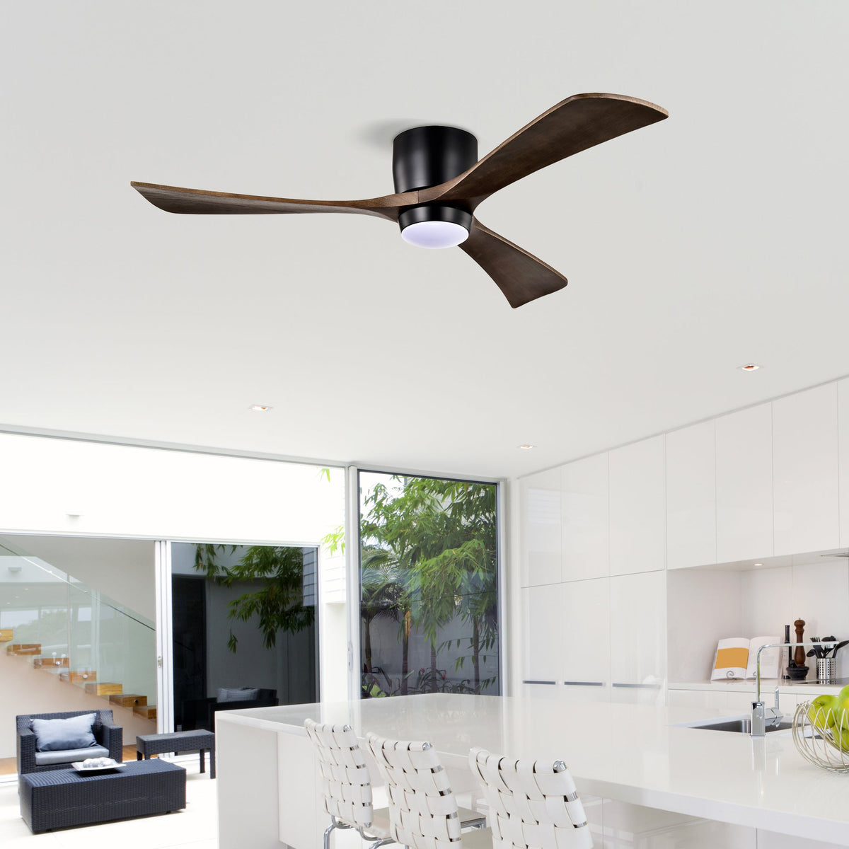 52" Flush Mount Solid Wood Blades Ceiling Fan with Lights