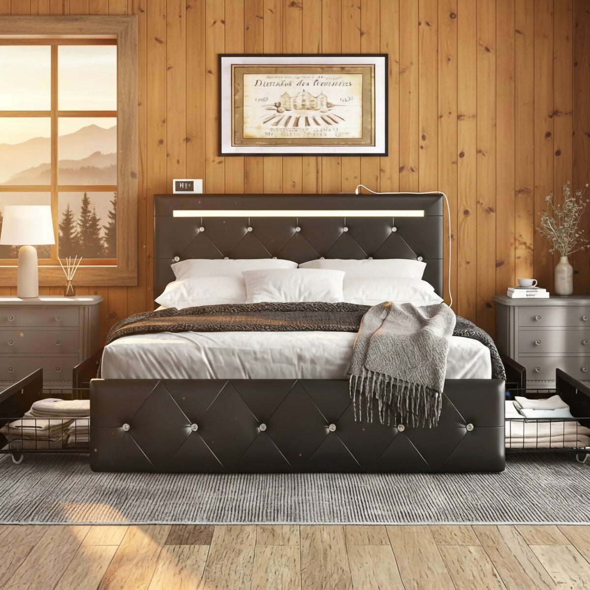Queen Size Bed Frame with LED Light and 4 Storage Drawers