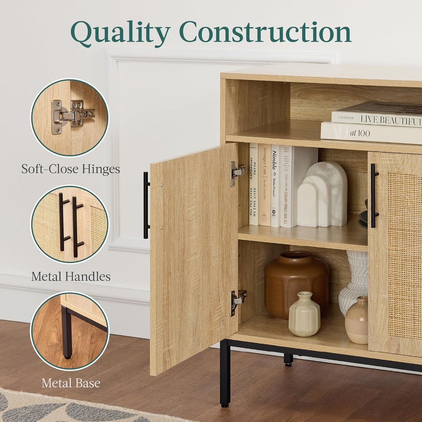 Rattan Sideboard Buffet Cabinet Natural Color Cord Cutout