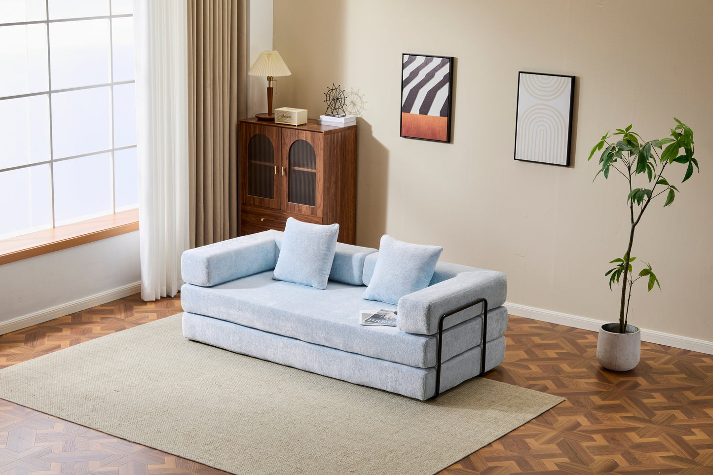 Light Blue Chenille Convertible Floor Couch