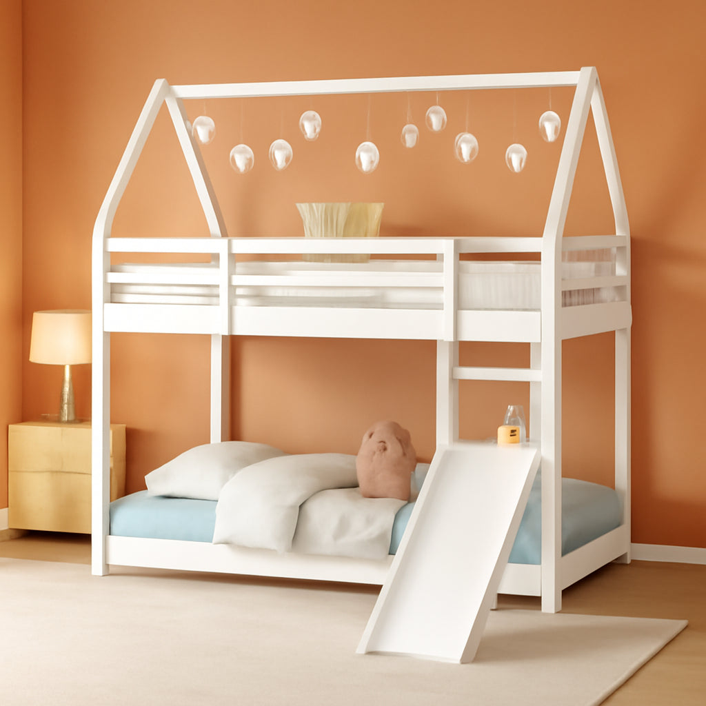 Twin Over Twin House Bunk Bed With Slide Solid Wood