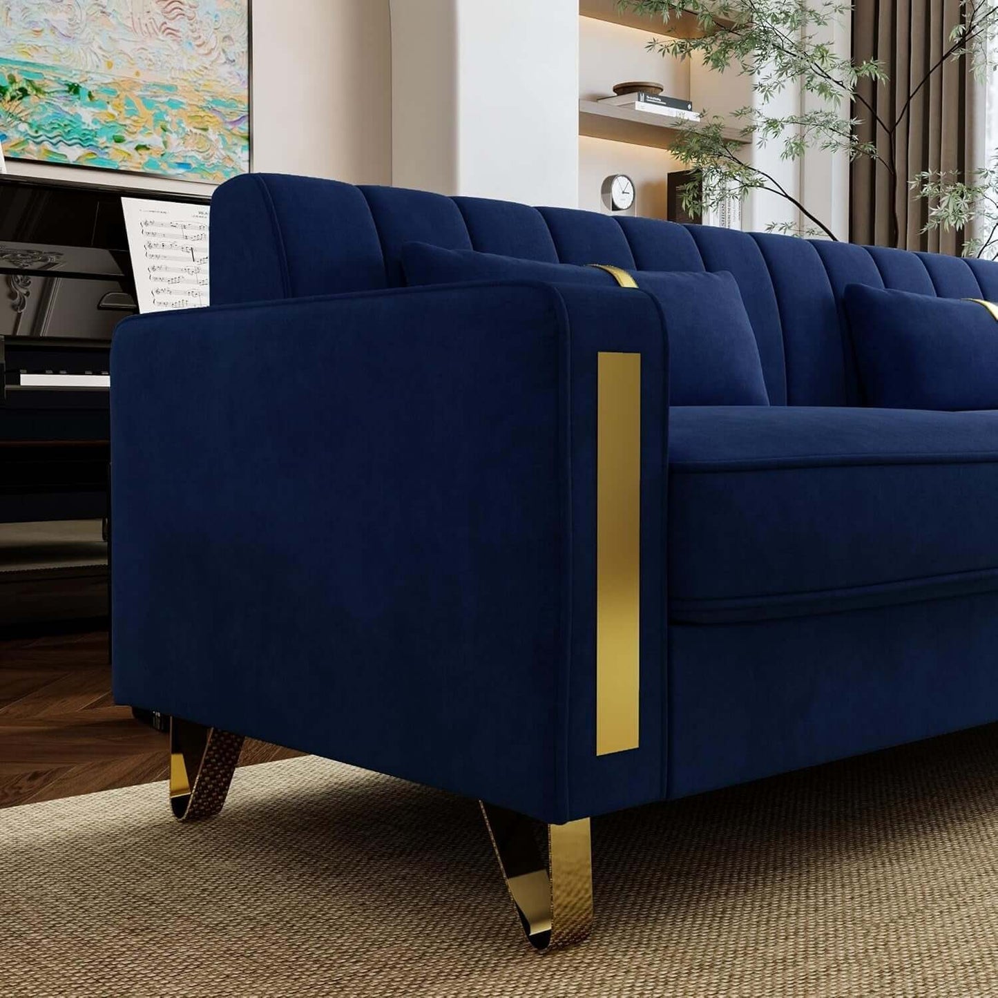 Close-up of 2 Piece Velvet Loveseat Sofa Set, featuring blue velvet with gold metal legs in a stylish living room.