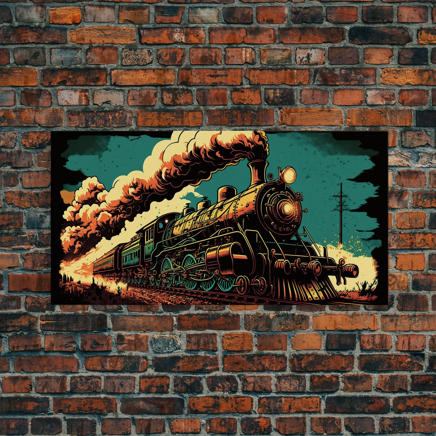 Pop Art Steam Train, Framed Canvas Print, Cool Wild West Decor, Western Art, Framed Colorful Pop Art