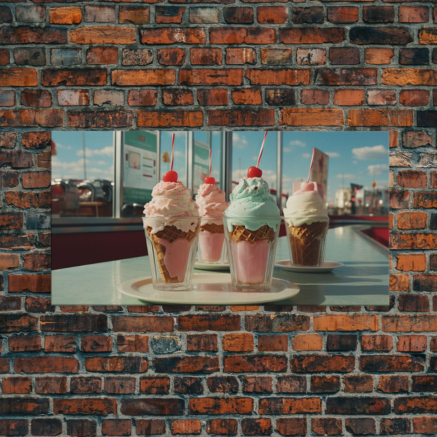 Ice Cream Shop Decor, Framed Canvas Print, Cute Nursery Decor, Retro Ice Cream Parlor Wall Art