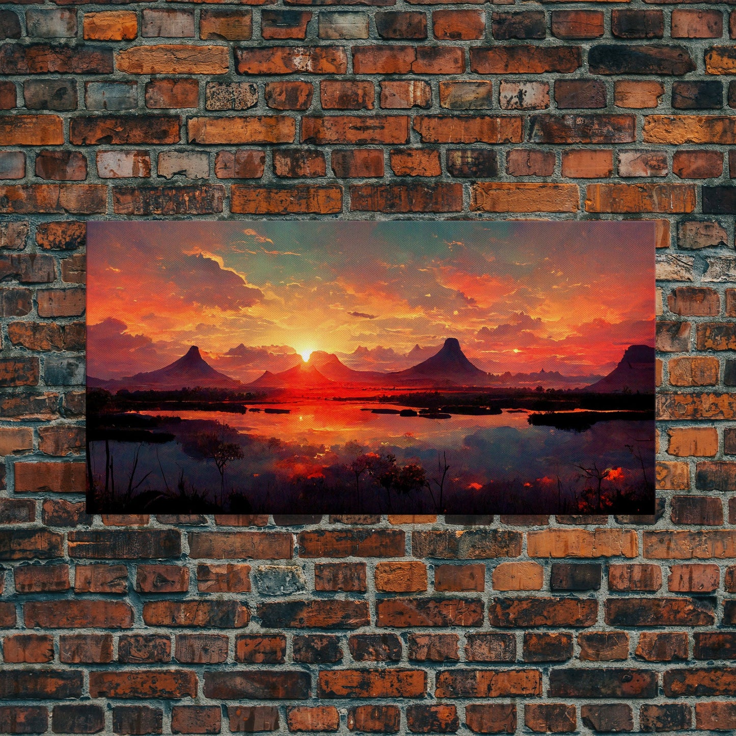 Mountain and Lake Sunset Wall Art Oil Painting On Canvas, Canvas Print, Ready to hang gallery wrapped nature framed canvas print, lake life