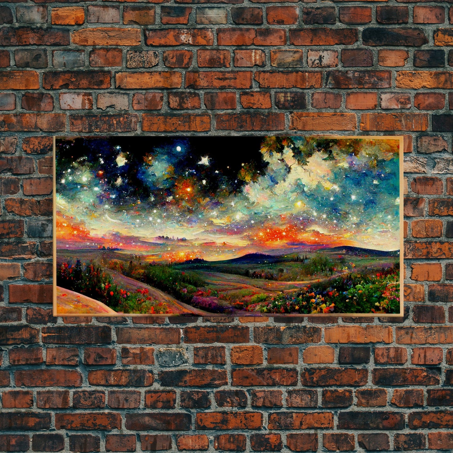 Night Starry Sky Landscape Framed Canvas Print, Colorful Night Sky Painting Nature Painting Living Room Wall Art Spiritual Starry Painting