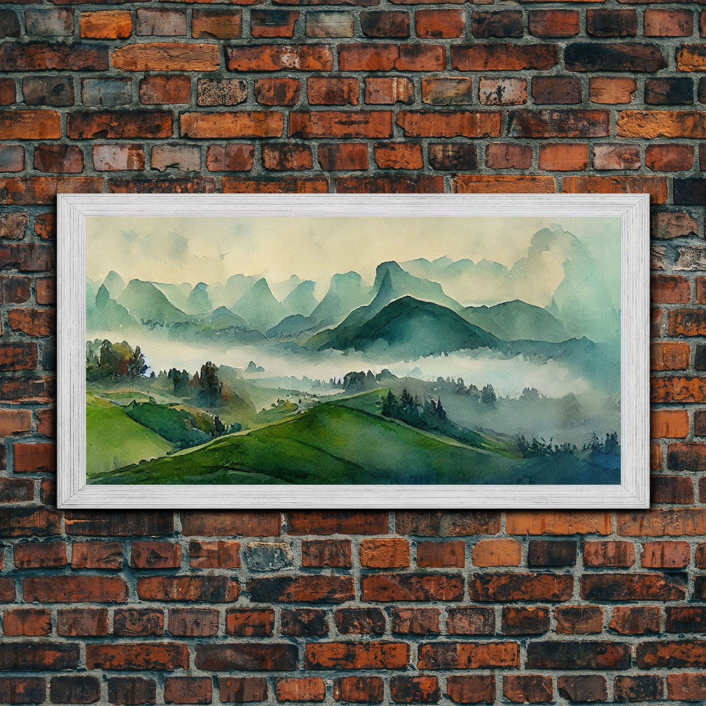 Green Blue Foggy Mountain Valley Watercolor Canvas Art Print, Panoramic Misty Rolling Hills Landscape, Extra Large Panorama Print