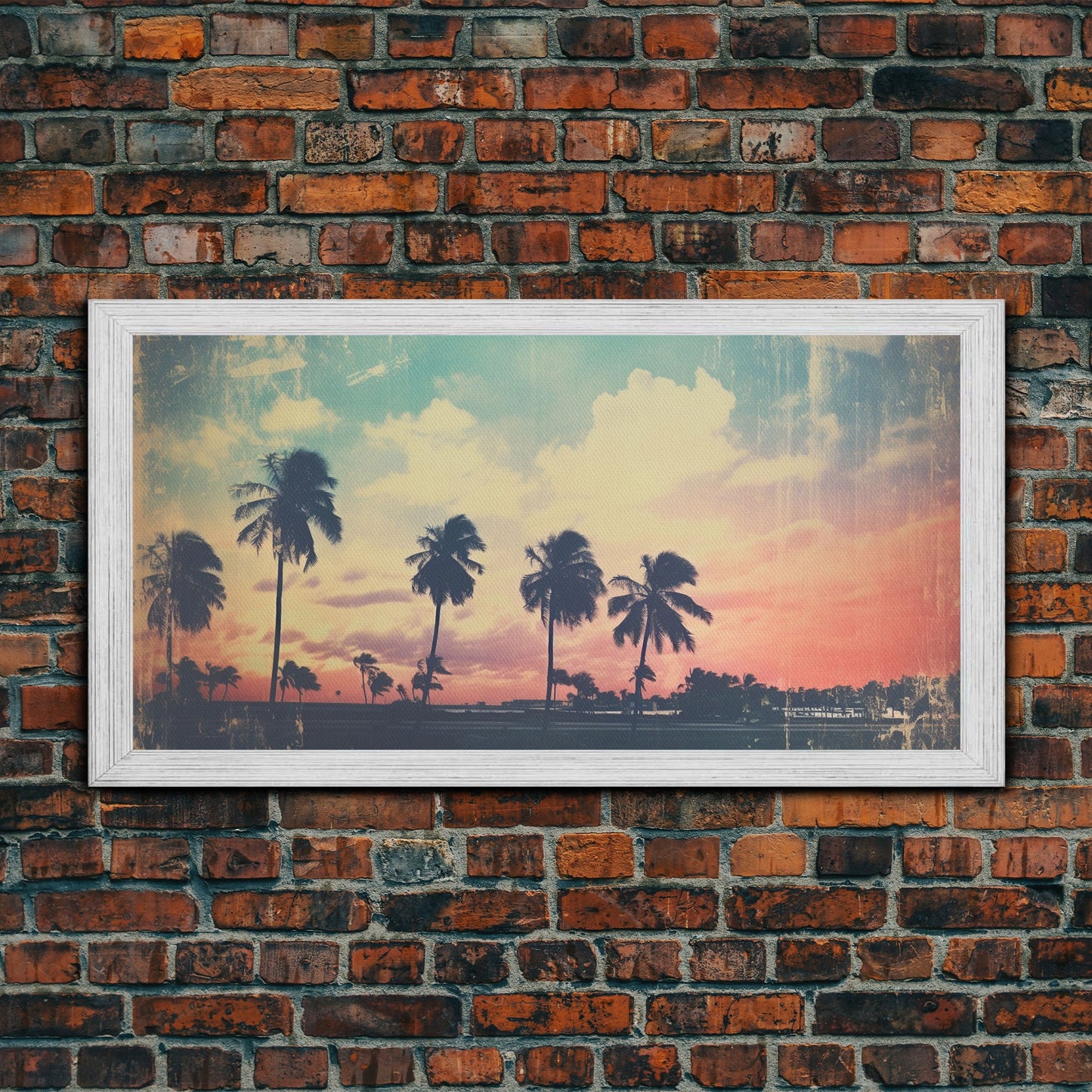 Distressed Old Photo Of Miami Beaches In the 1980s - Framed Canvas Print - Photography Print - Vaporwave Aesthetic Wall Art