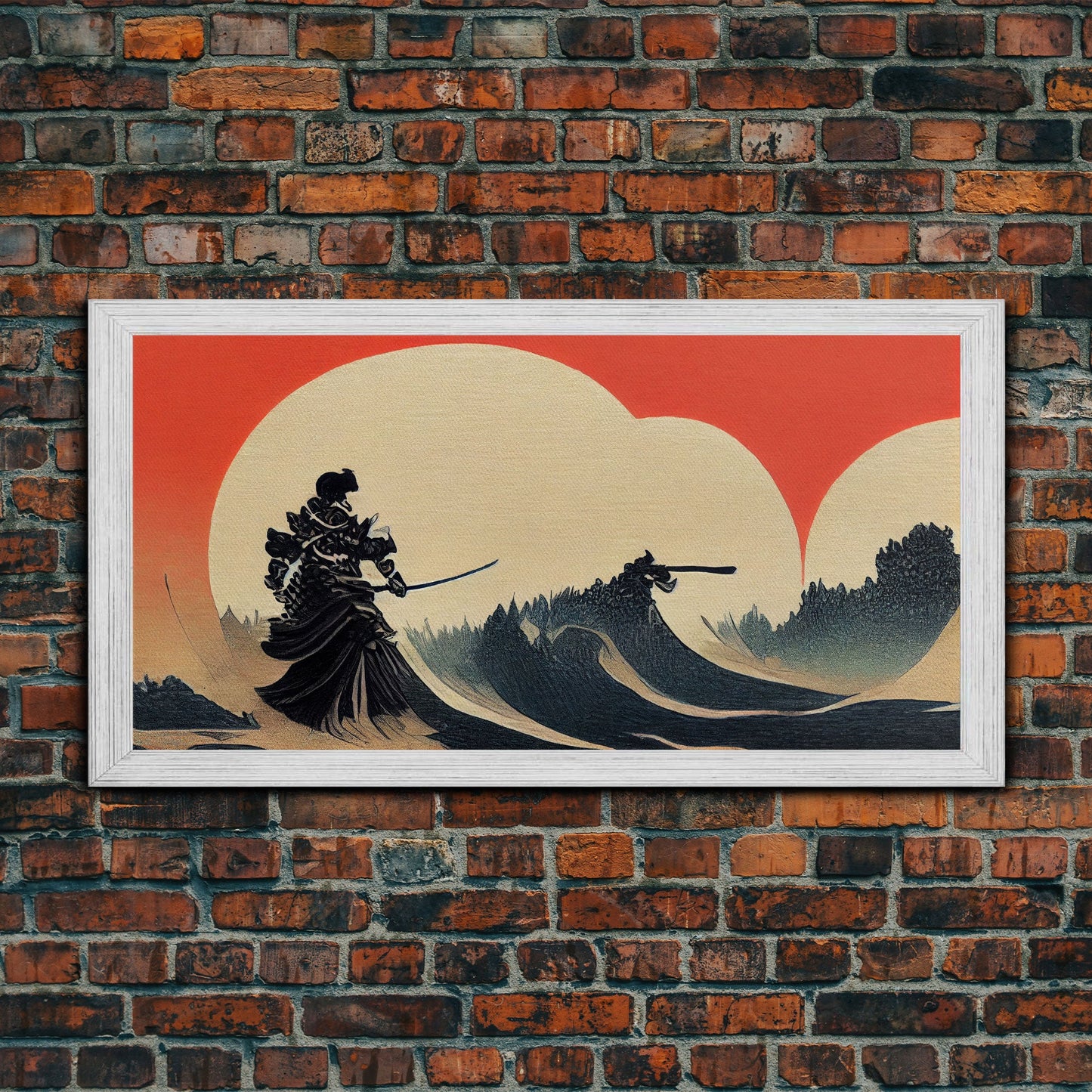 Japanese Samurai Fighting A Tidal Wave, ready to hang canvas print wall art, framed canvas wall art, mancave decor