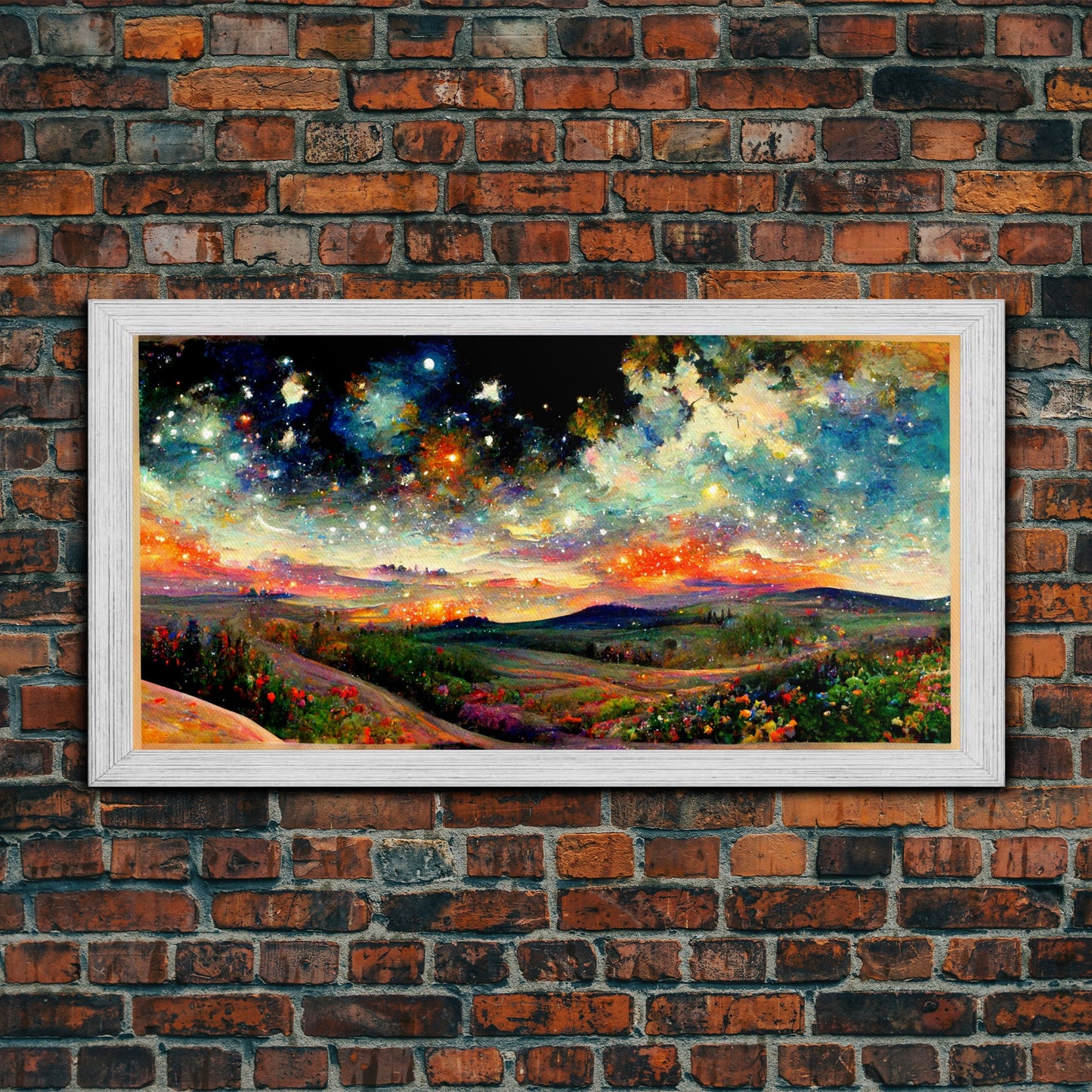 Night Starry Sky Landscape Framed Canvas Print, Colorful Night Sky Painting Nature Painting Living Room Wall Art Spiritual Starry Painting