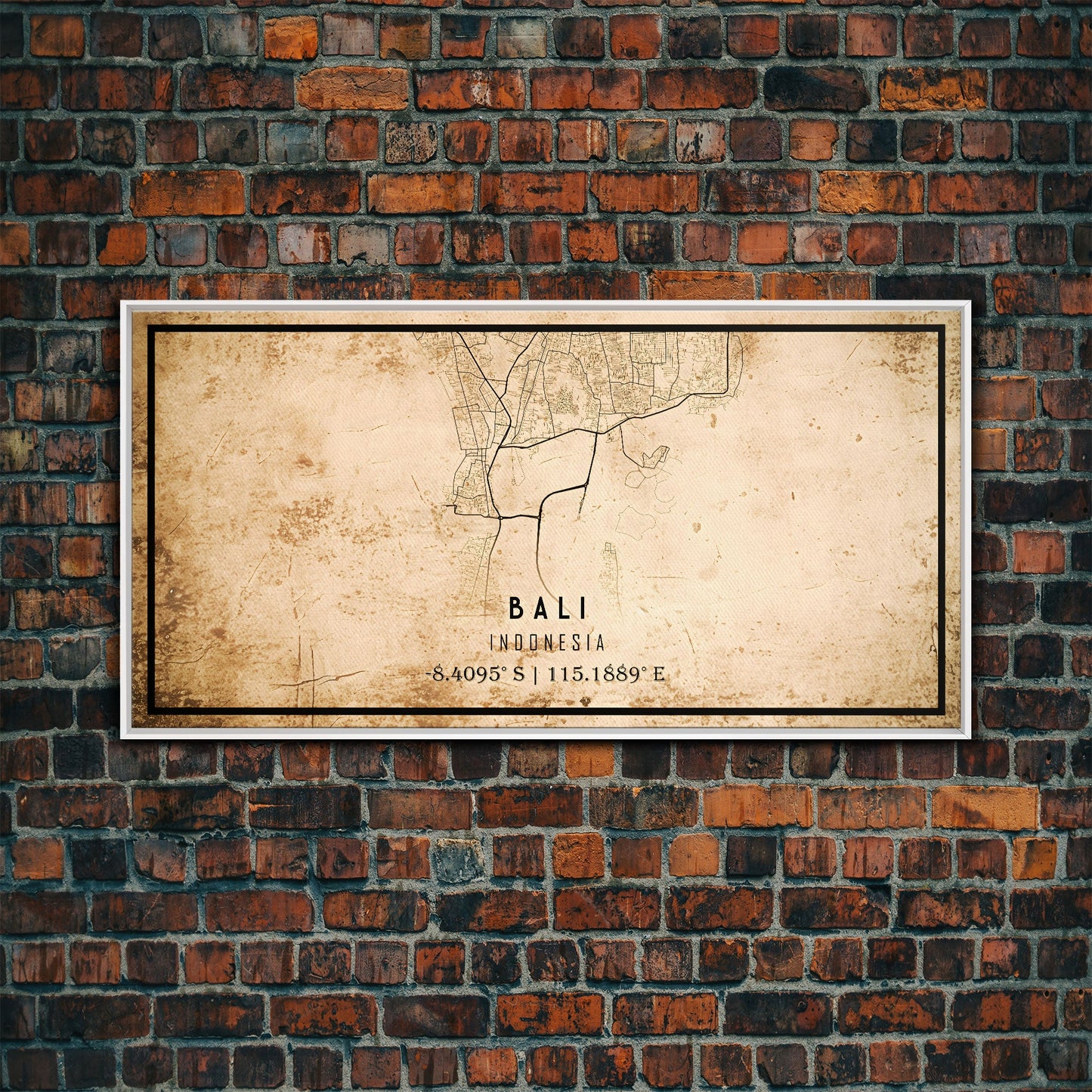 Vintage Bali Indonesia City Map Wall Art Canvas Print, Distressed Style Bali Map, Framed Wall Art, Cool Bali Travel Wall Art, Office Art