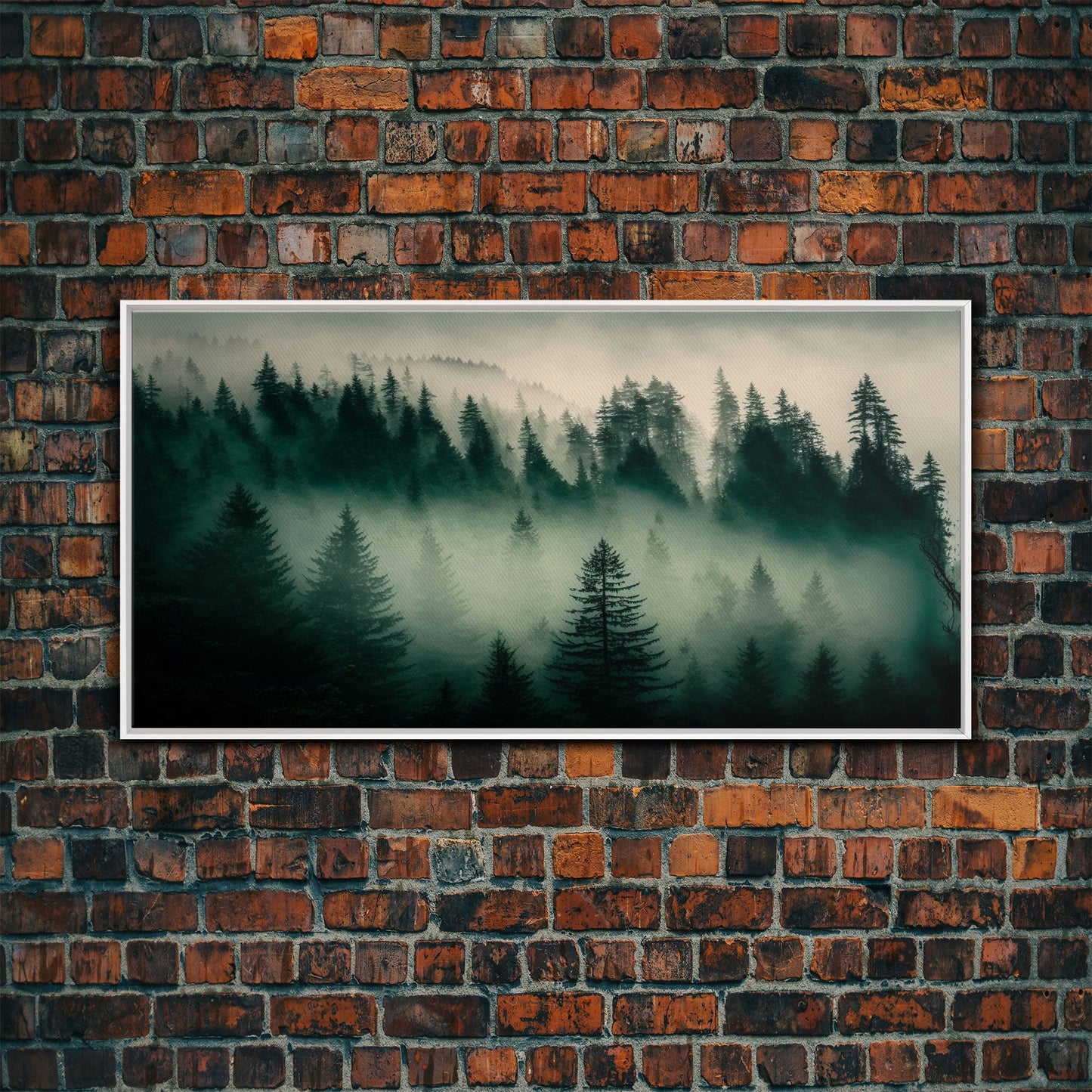 Framed Canvas Print, Pine Tree Forest, Misty Forest Landscape, Fog Covered Mountain, Nature Landscape Decor