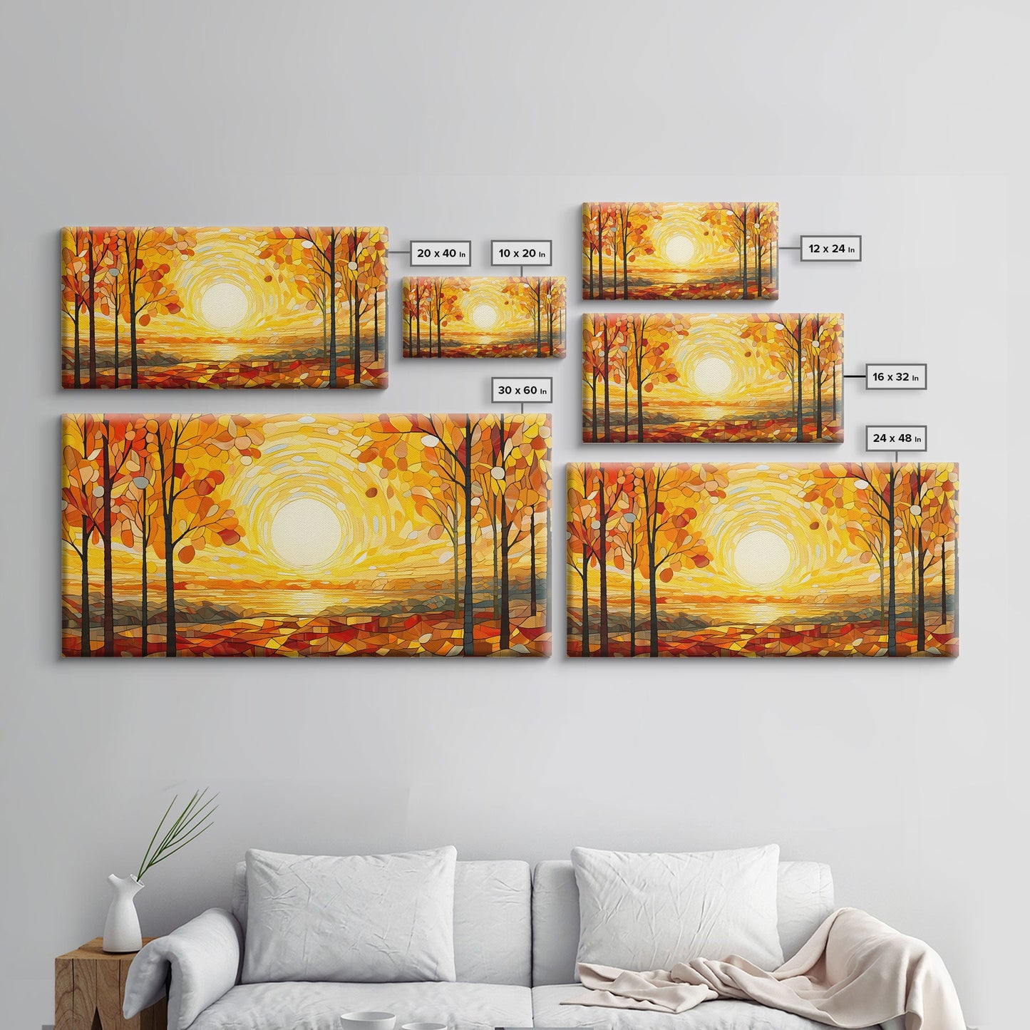Beautiful Fall Decor Centerpiece Framed Canvas Print, Autumn Decor, Fall Wall Art, Above Mantle Wall Art, Stained Glass Style