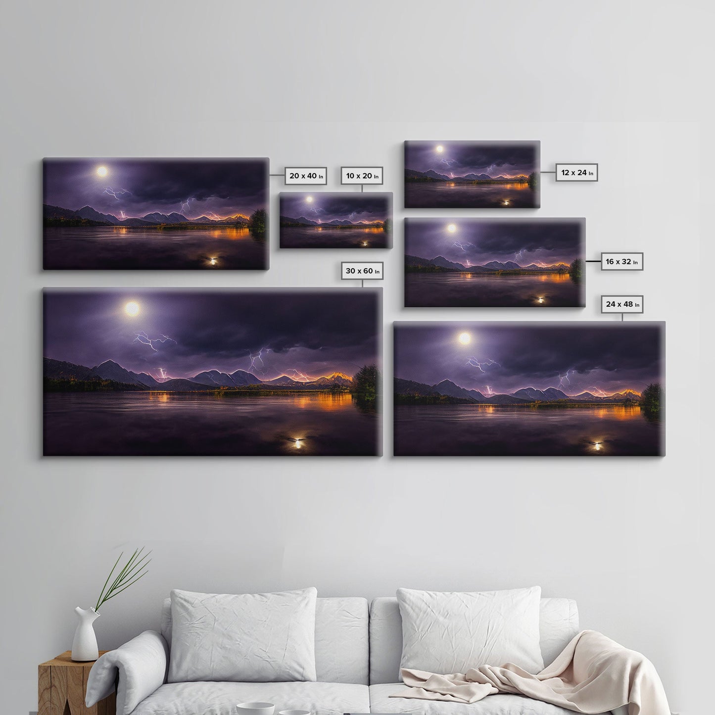 Full moon canvas print, Lightning storm over a mountain lake at night, cool wall art, awesome wall art