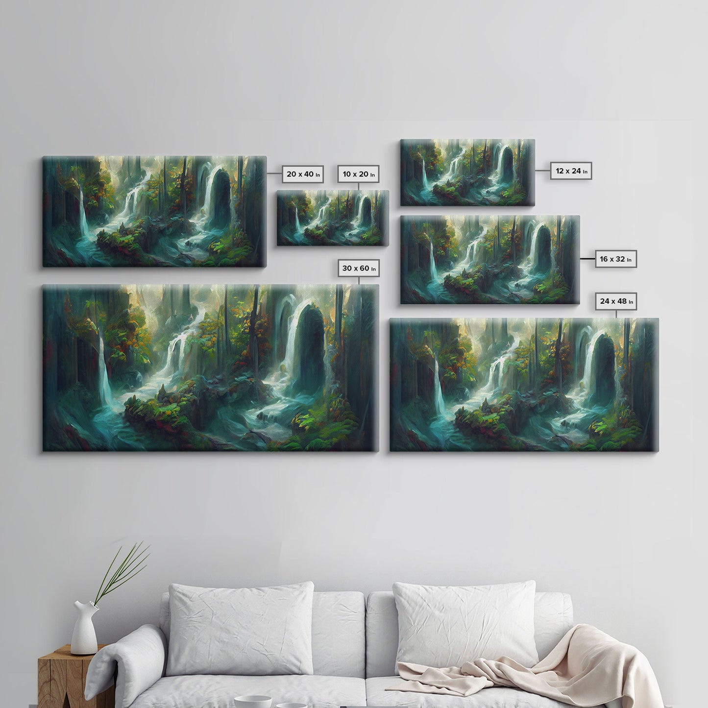 Waterfall wall art, canvas print, giclee, fantasy wall art, water color, nature wall decor, water landscape art, serenity art