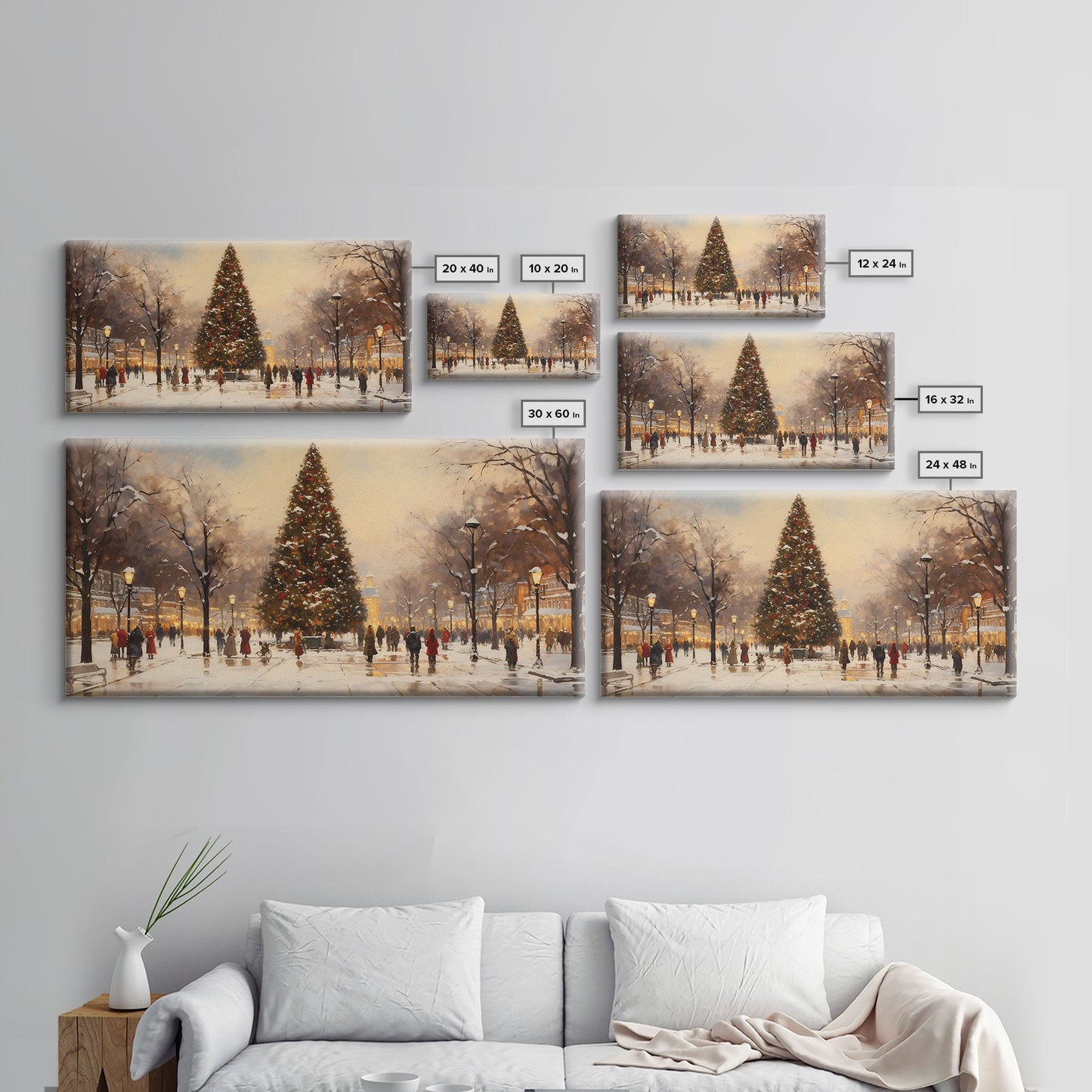 Cute Christmas Village Art, Christmas Decor, Framed Canvas Print, Holiday Painting, Seasonal Decor, Christmas Tree Art Christmas Centerpiece