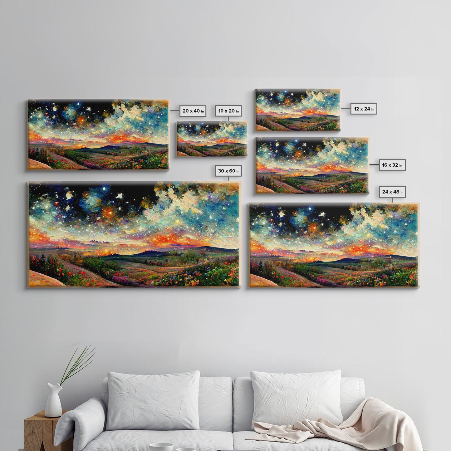Night Starry Sky Landscape Framed Canvas Print, Colorful Night Sky Painting Nature Painting Living Room Wall Art Spiritual Starry Painting